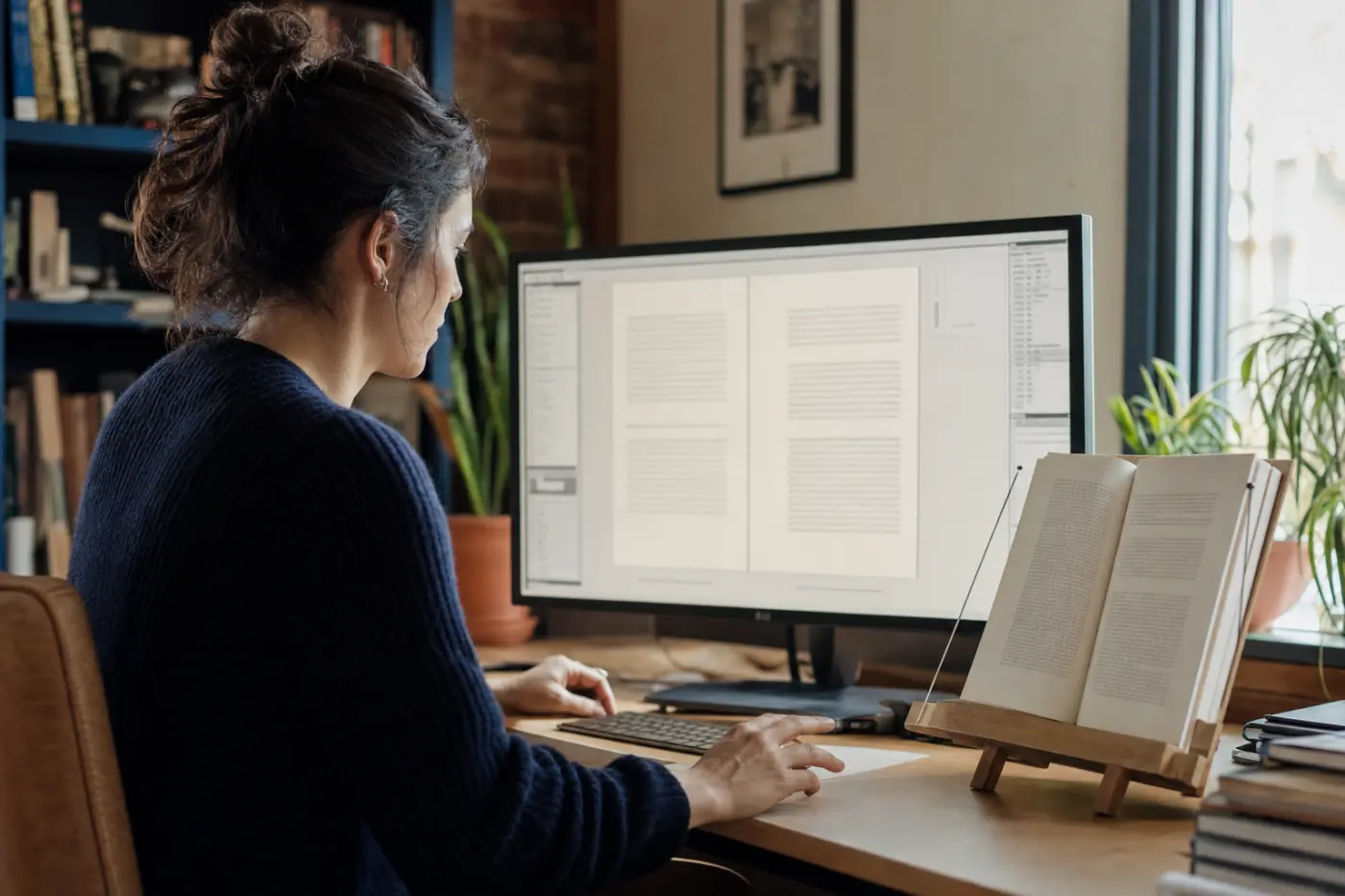 A designer converting a printed book into a digital edition at a wide monitor
