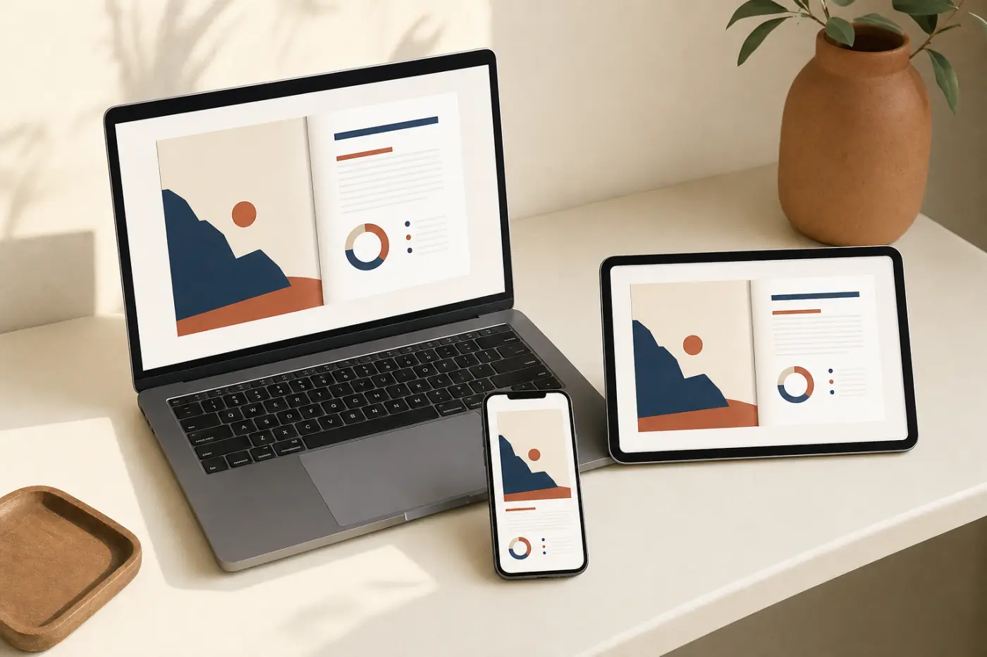 A laptop, tablet and phone showing the same reading interface at three sizes