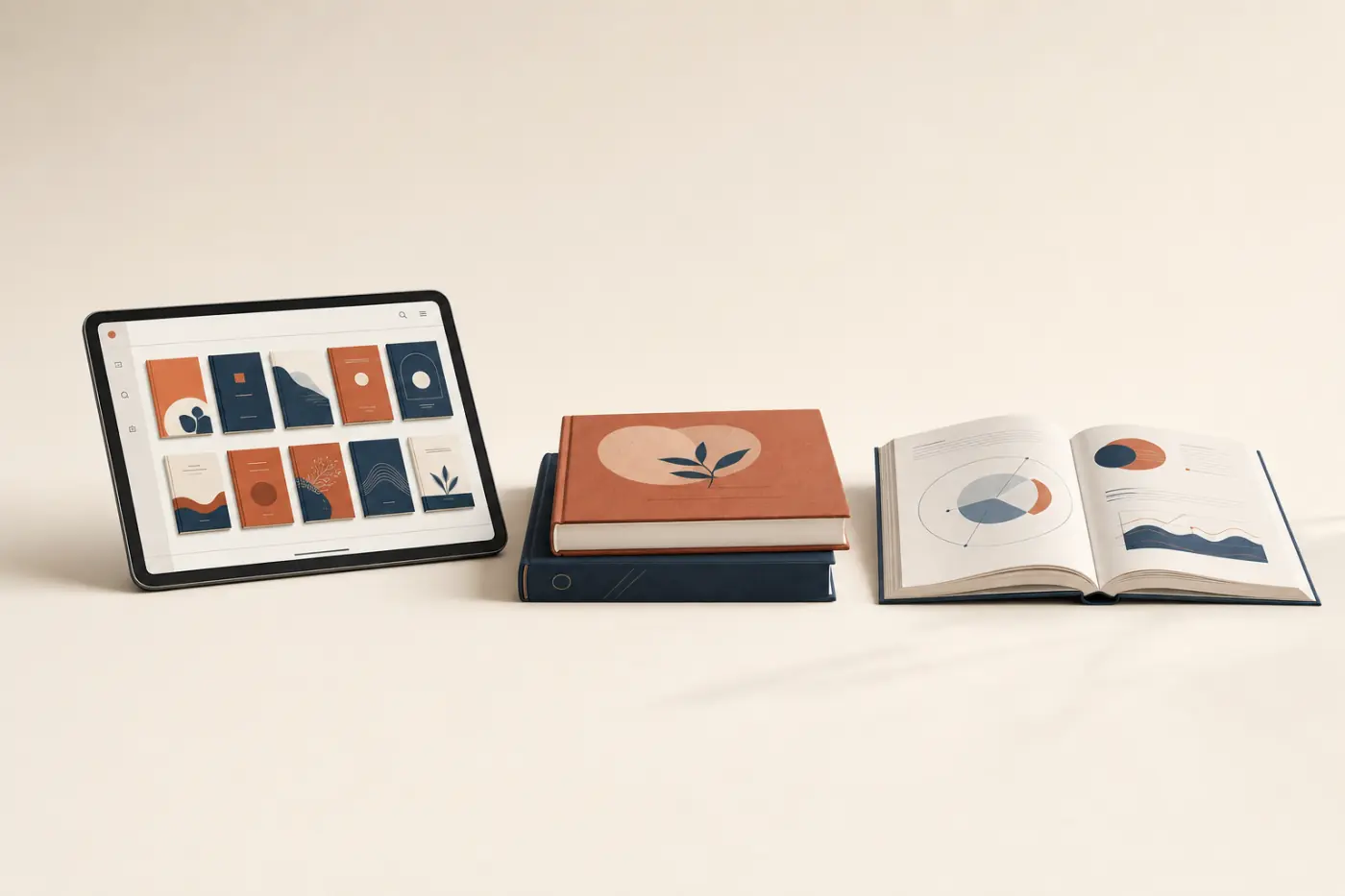 A tablet showing a digital textbook library beside stacked and open printed books