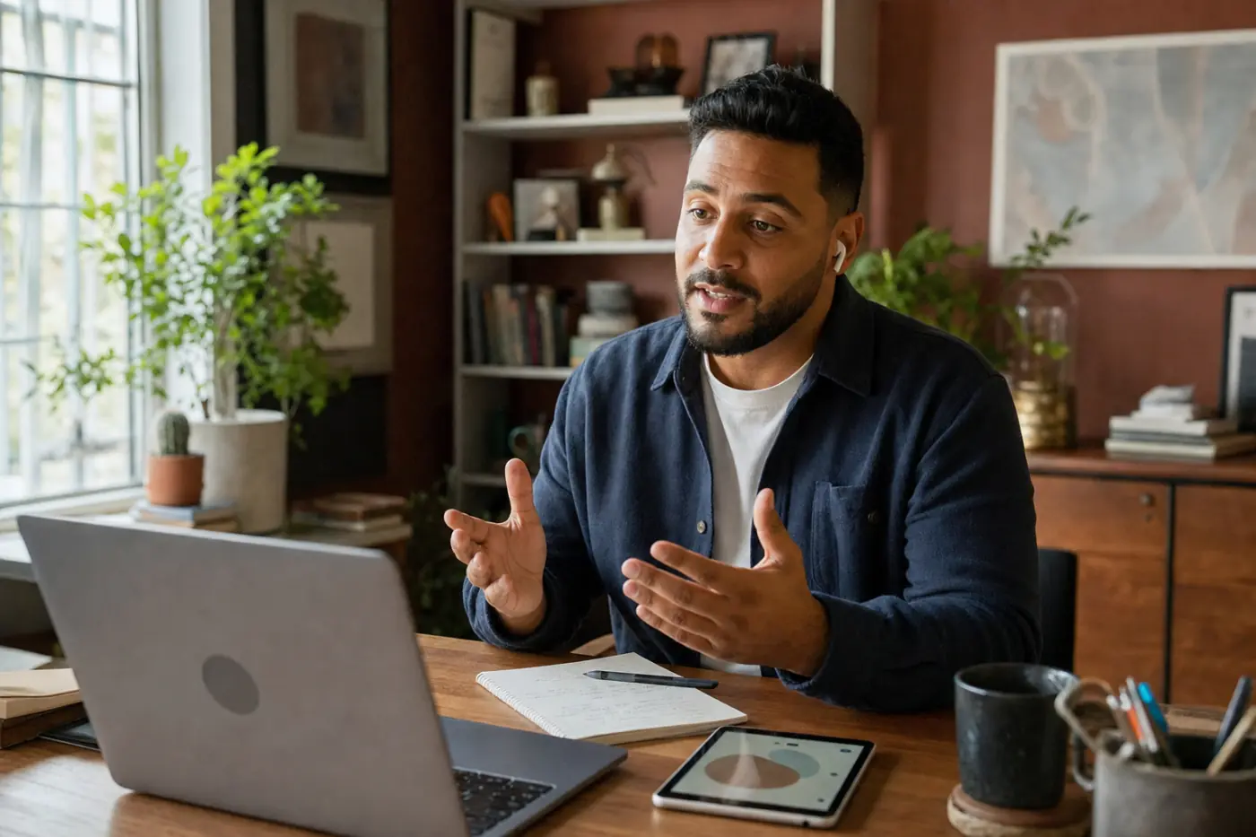 A presenter speaking to a laptop camera in a home office