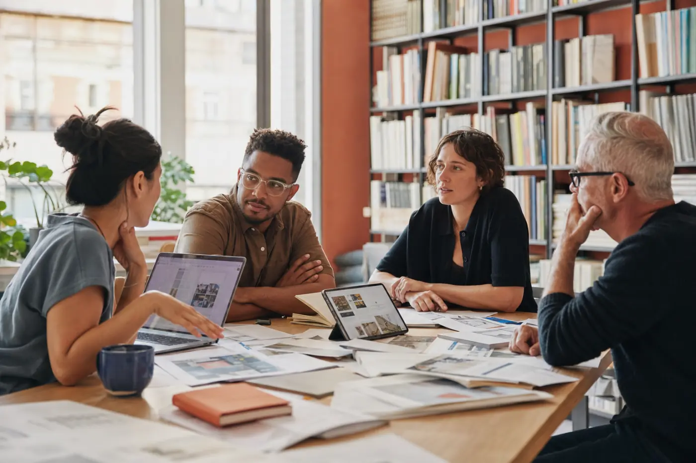 A publishing team working together around a table in a bright office