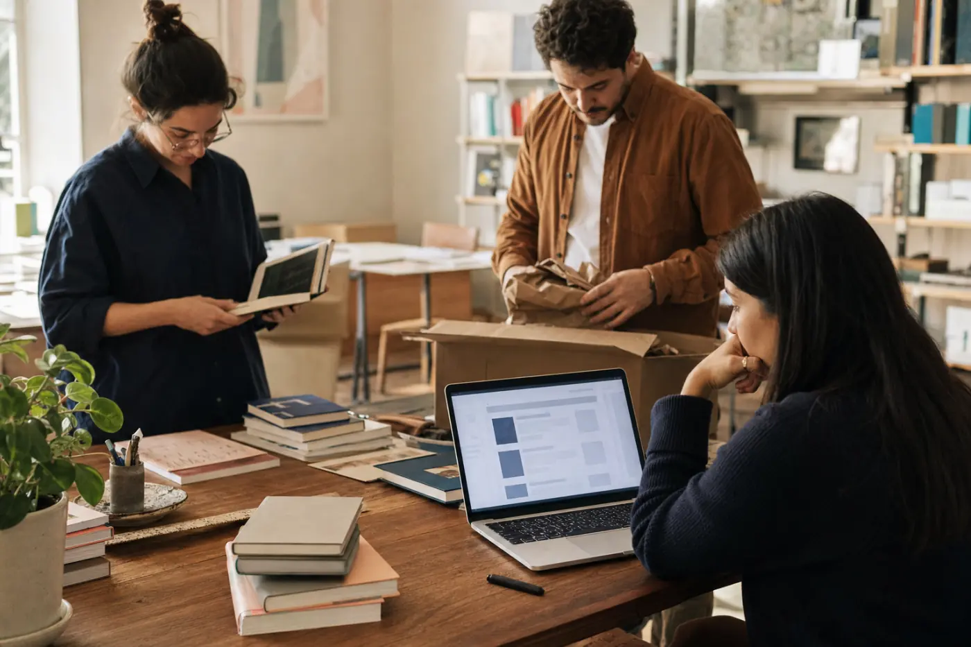An independent trade publisher reviewing new titles beside a laptop