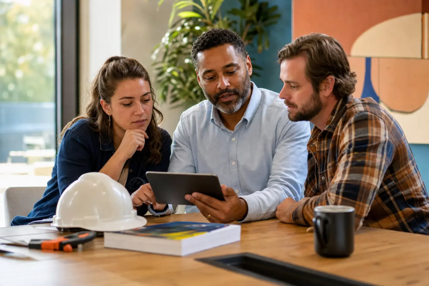 A corporate trainer reviewing a training module on a tablet with two employees