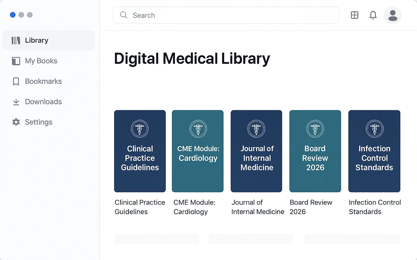The KITABOO reader showing a medical society's library — clinical practice guidelines, CME modules, journals and board review titles