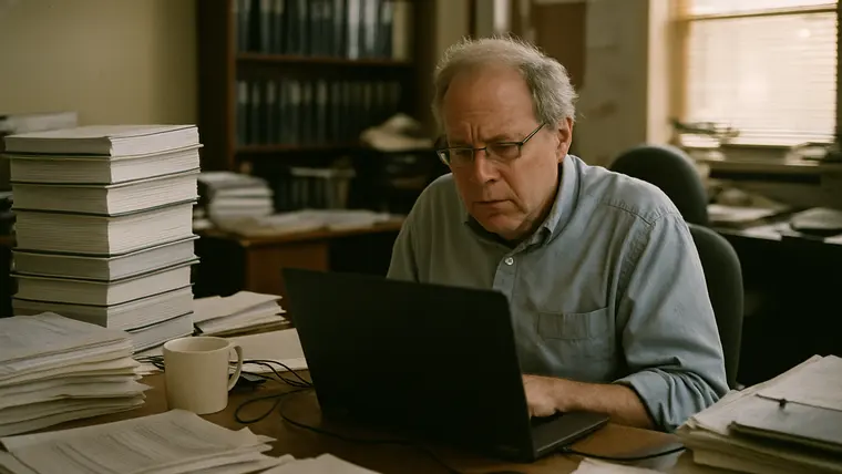 A laptop and bound reports on a desk, a document open on screen