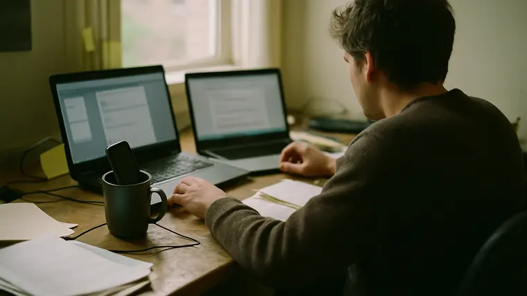 A laptop, an external monitor and a phone set up on one desk