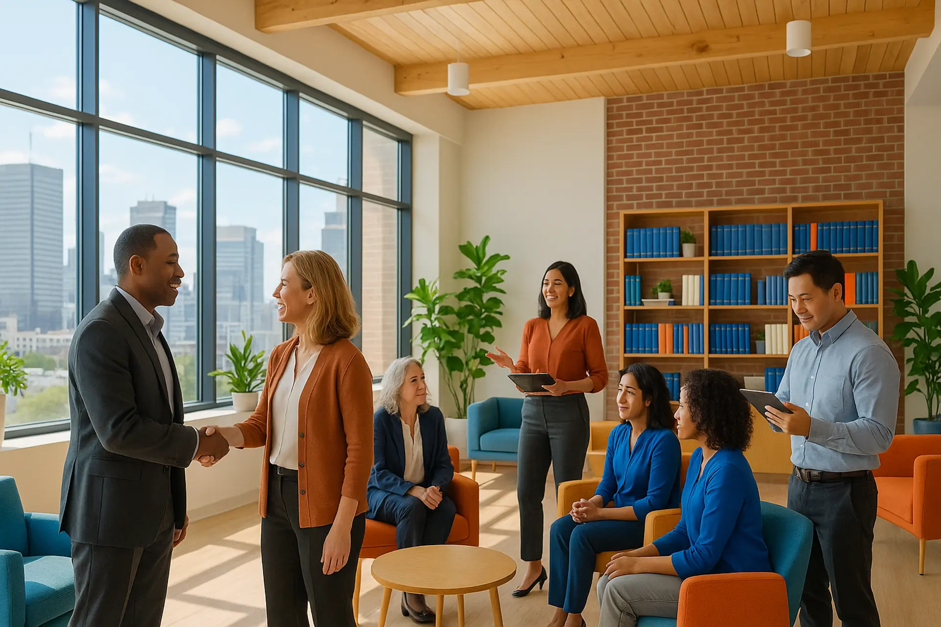 Members of a US professional association meeting in a bright headquarters lounge, with shelved journals and a city skyline behind them