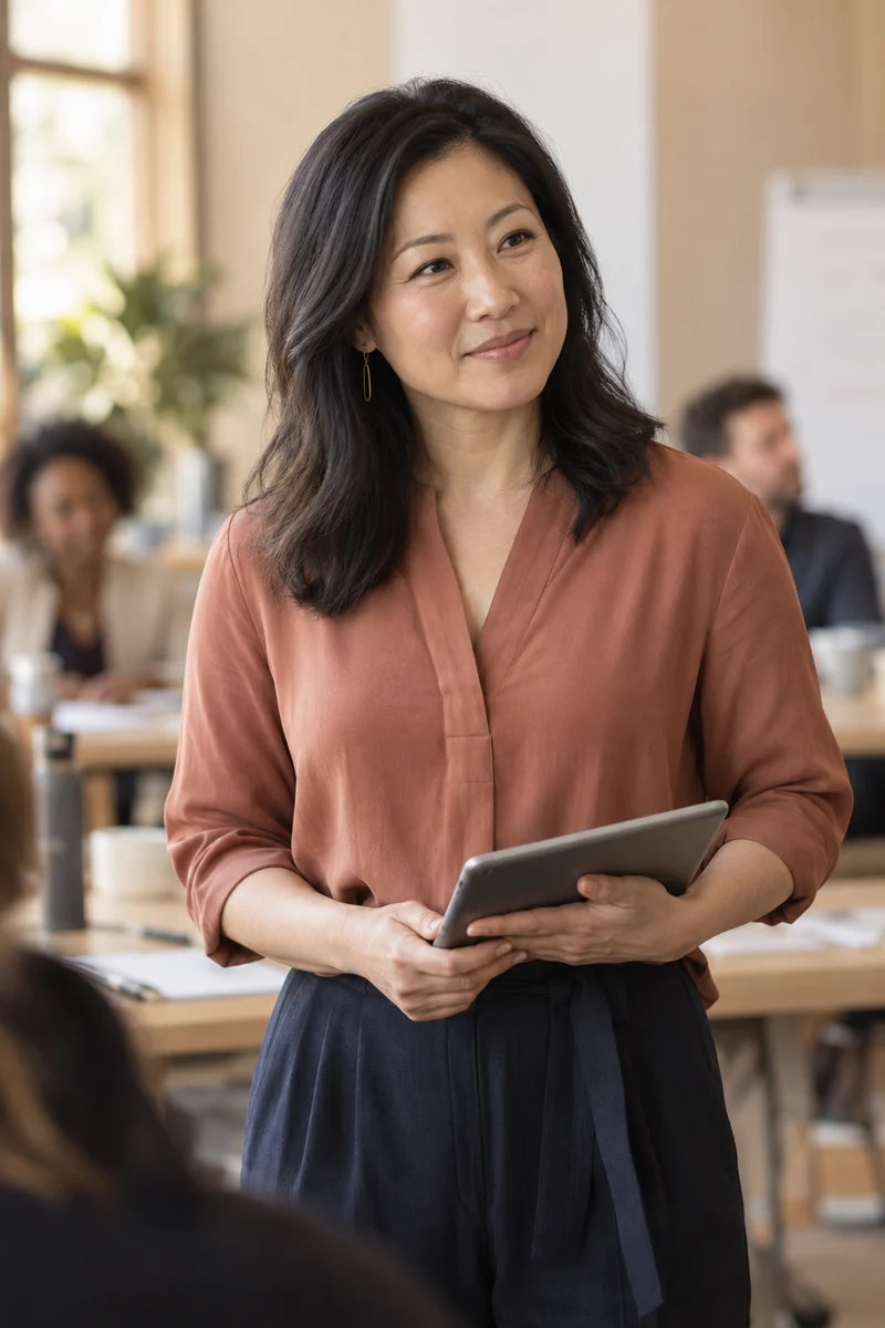 Illustrative professional educator using a tablet at a training session