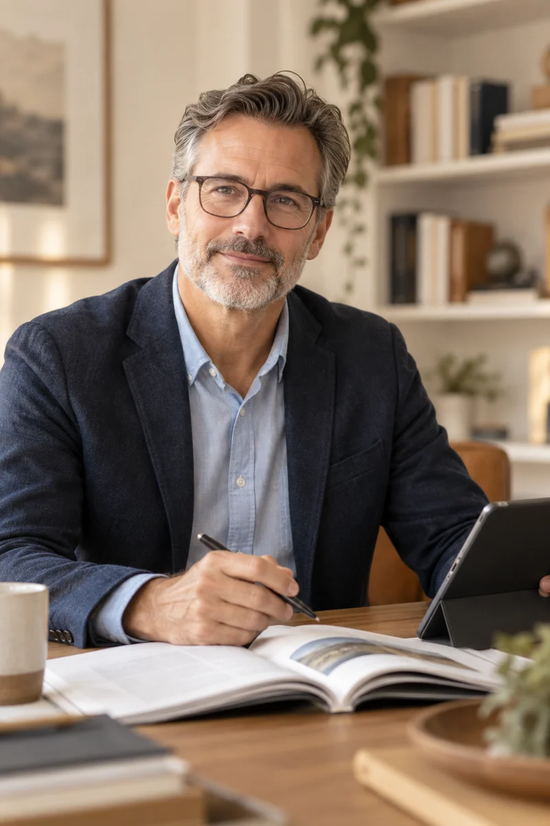 Illustrative association editor reviewing a publication beside a tablet
