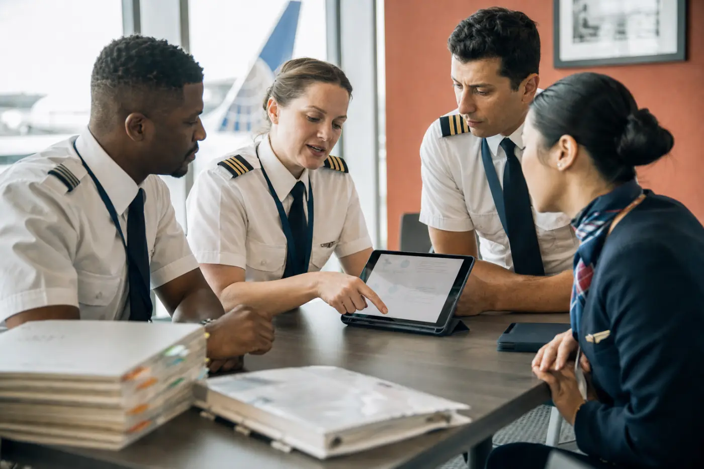Aviation trainees reviewing course material on a tablet