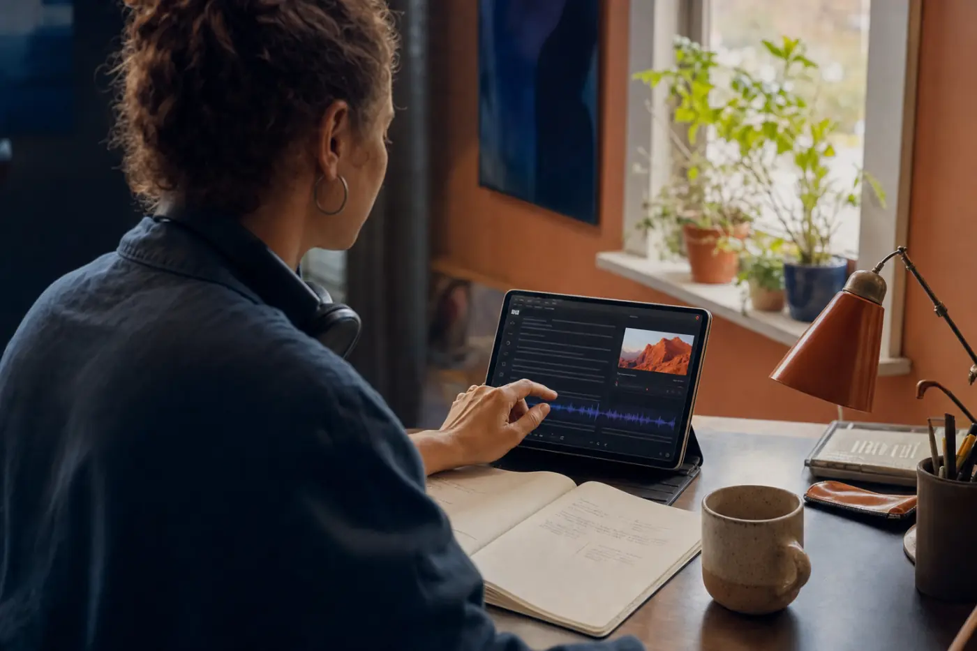 An editor adding audio and video to a digital chapter on a tablet
