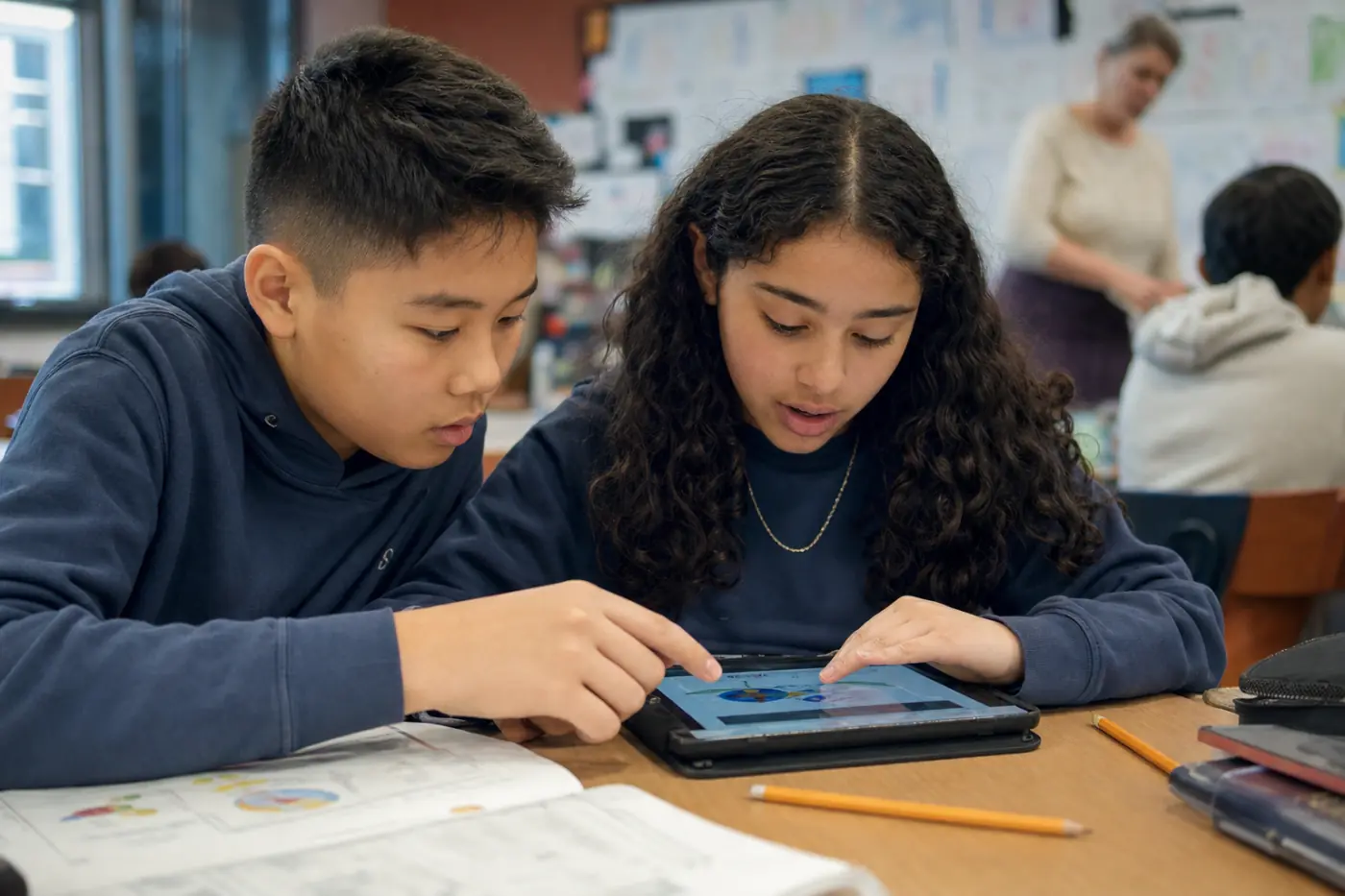 Two students exploring a digital textbook together on a tablet in class