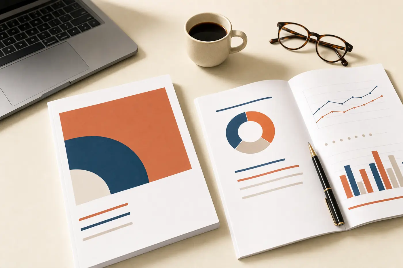A printed industry research report open on a desk beside reading glasses