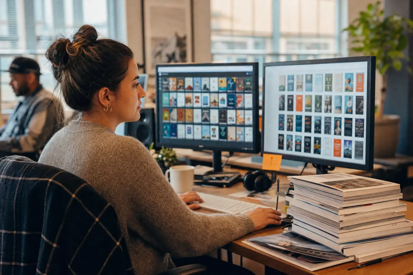 A content operations specialist reviewing a catalogue of titles across two monitors