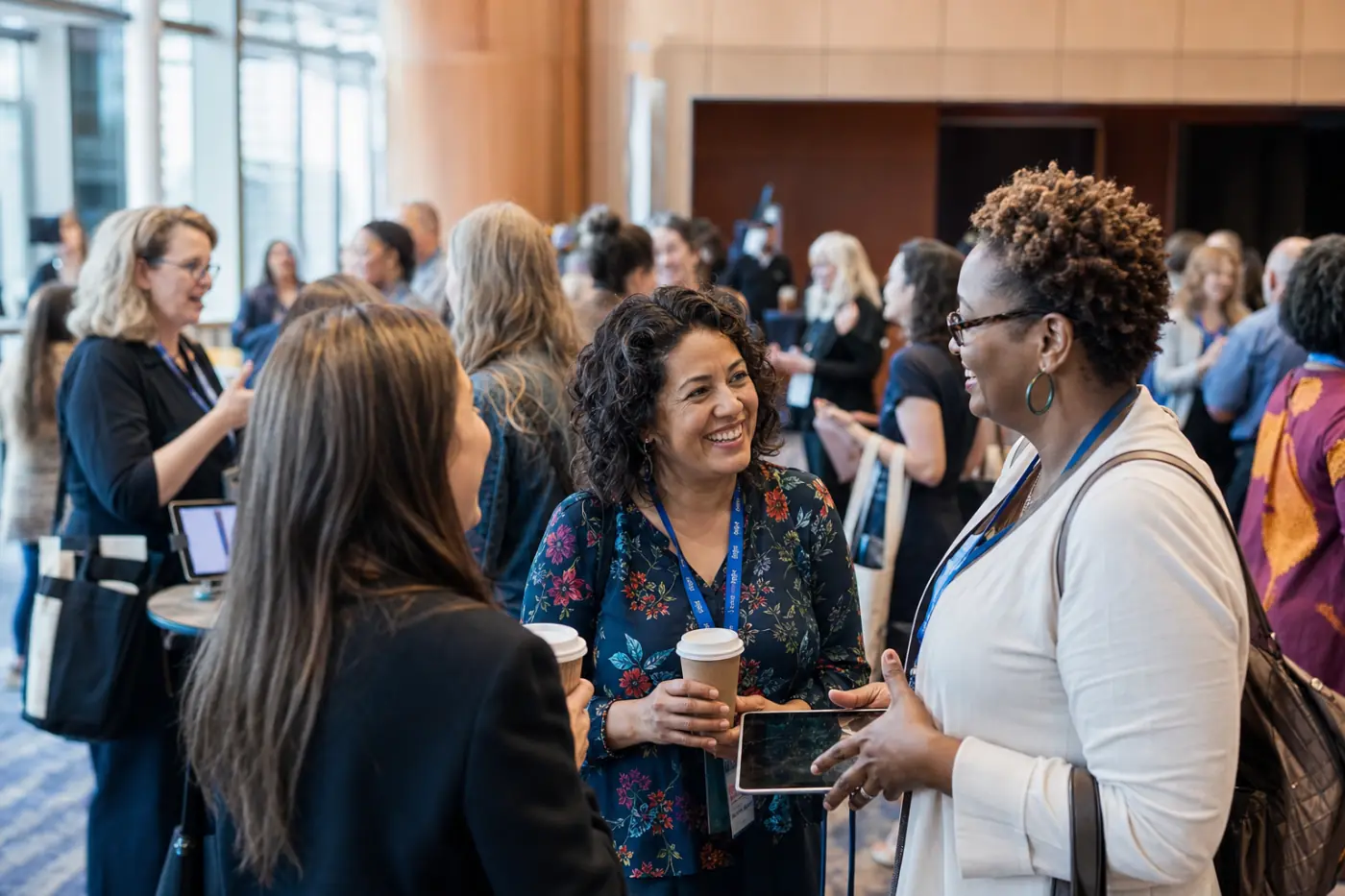 Publishing and education professionals talking during a conference break