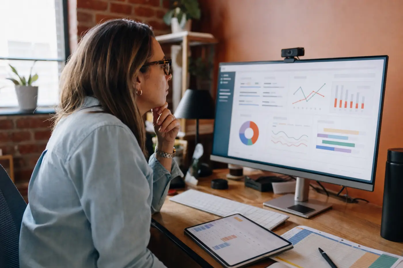 A learning manager studying programme results on a monitor of charts