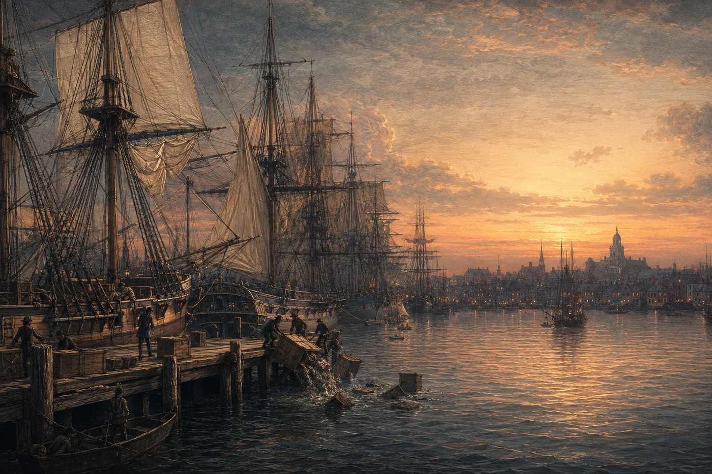 Illustrated sailing ships in a colonial harbour