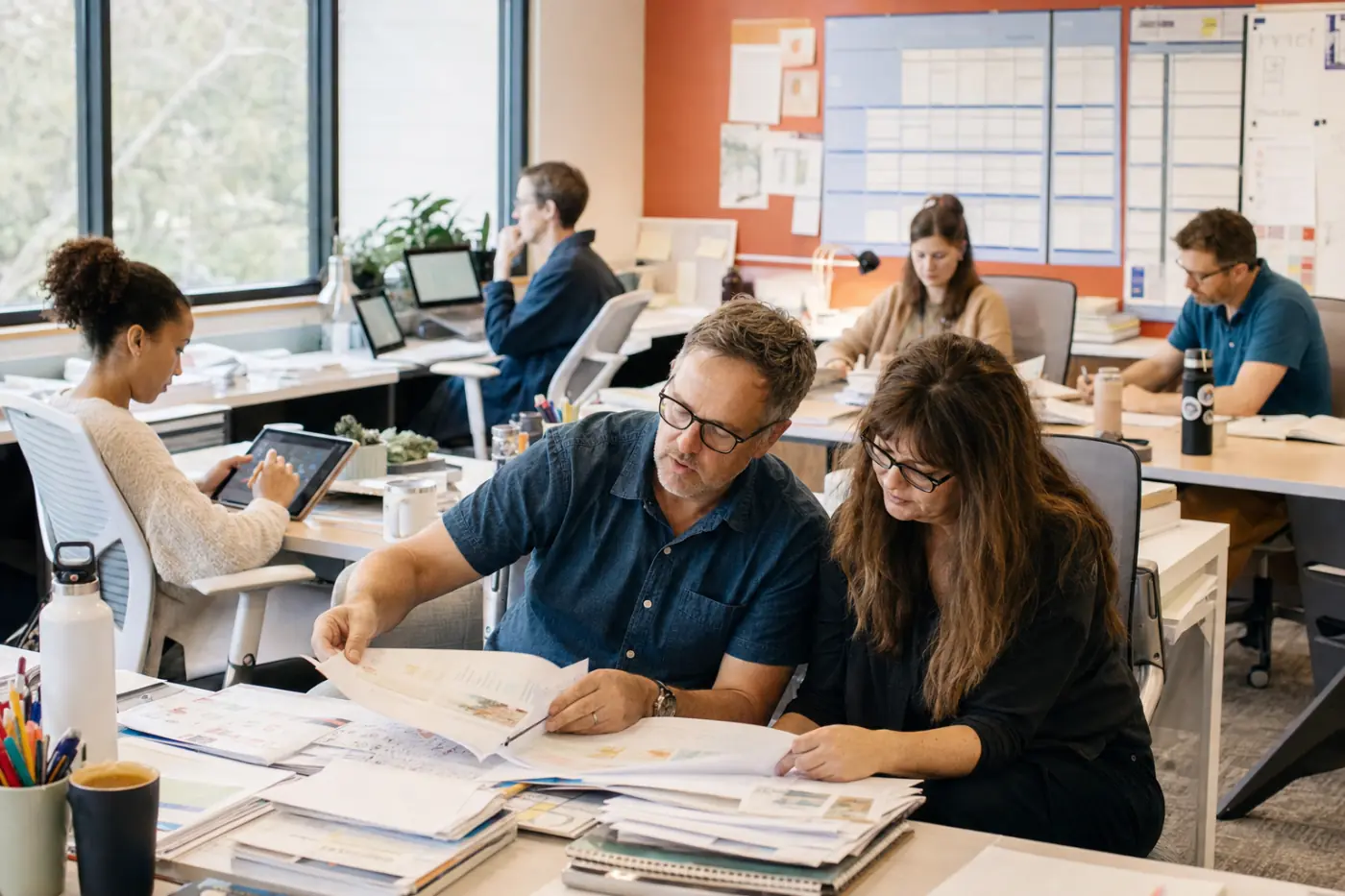 An editorial team at a mid-sized education publisher working across printed proofs and tablets
