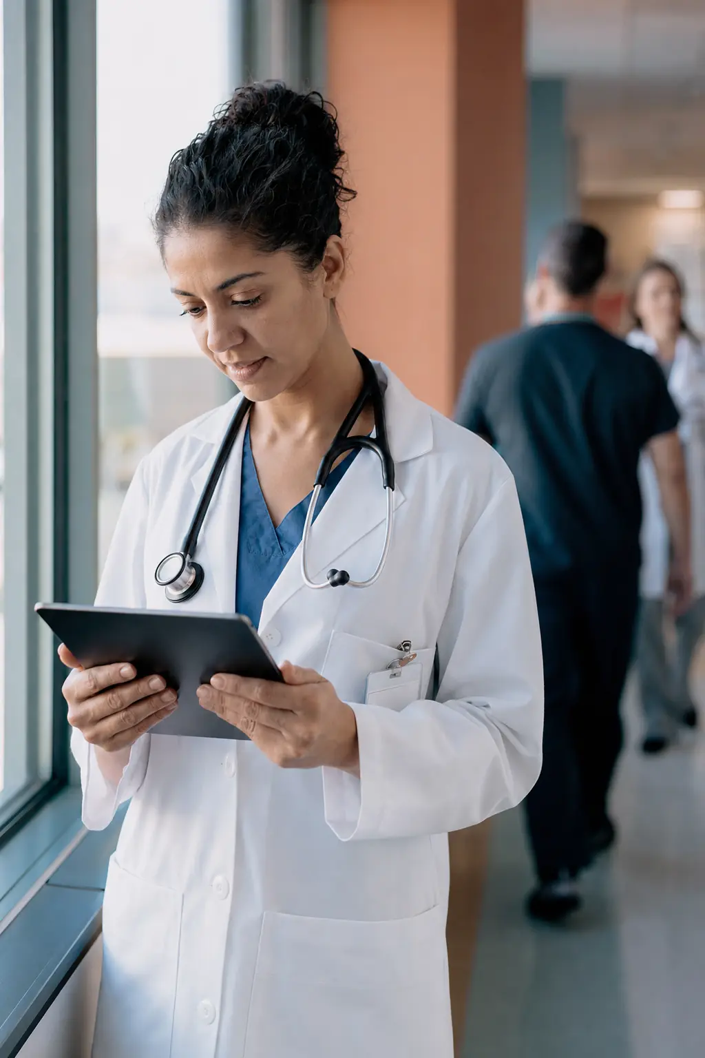 A physician reading a clinical guideline on a tablet in a hospital corridor