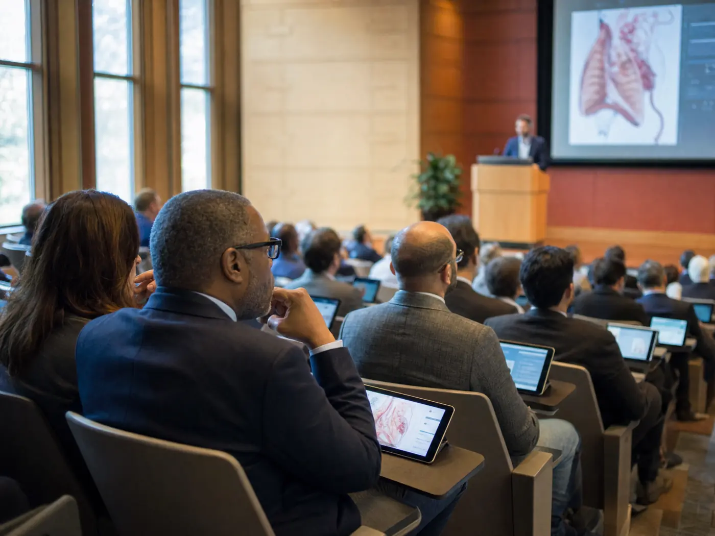 Physicians following a CME module on tablets in a medical society's lecture hall