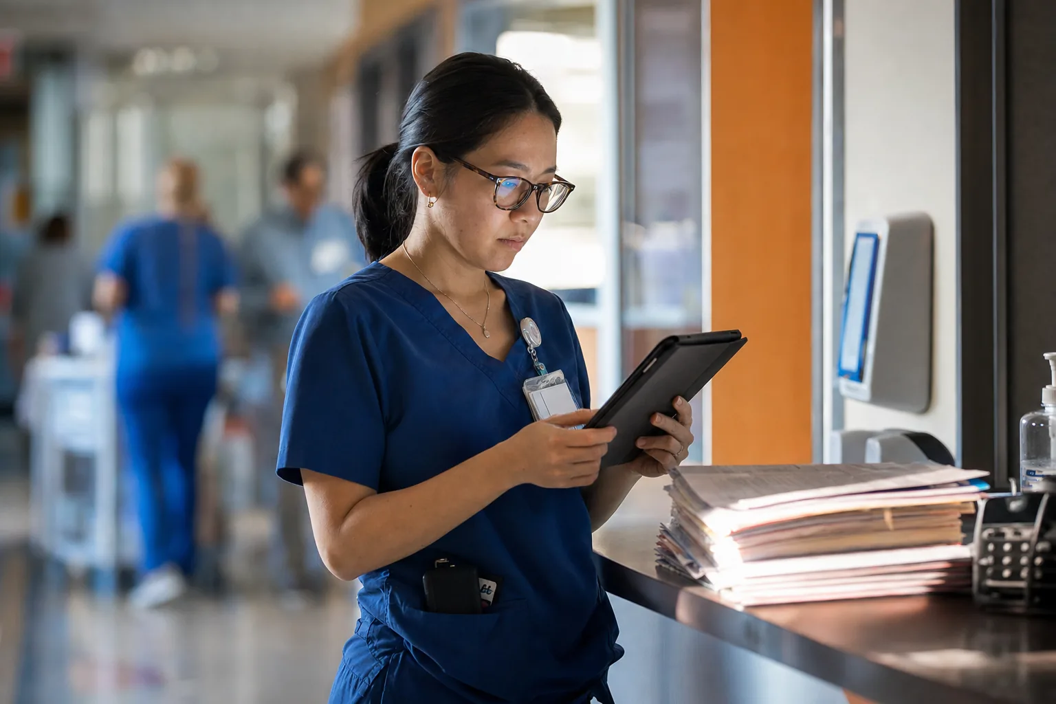 A clinician in scrubs reading on a tablet at a ward station, printed charts stacked beside them