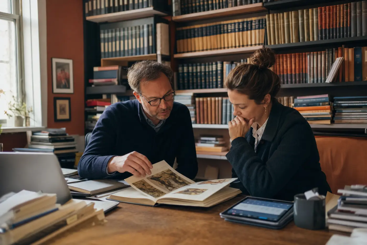 Two editors comparing a printed book with its tablet edition in a library