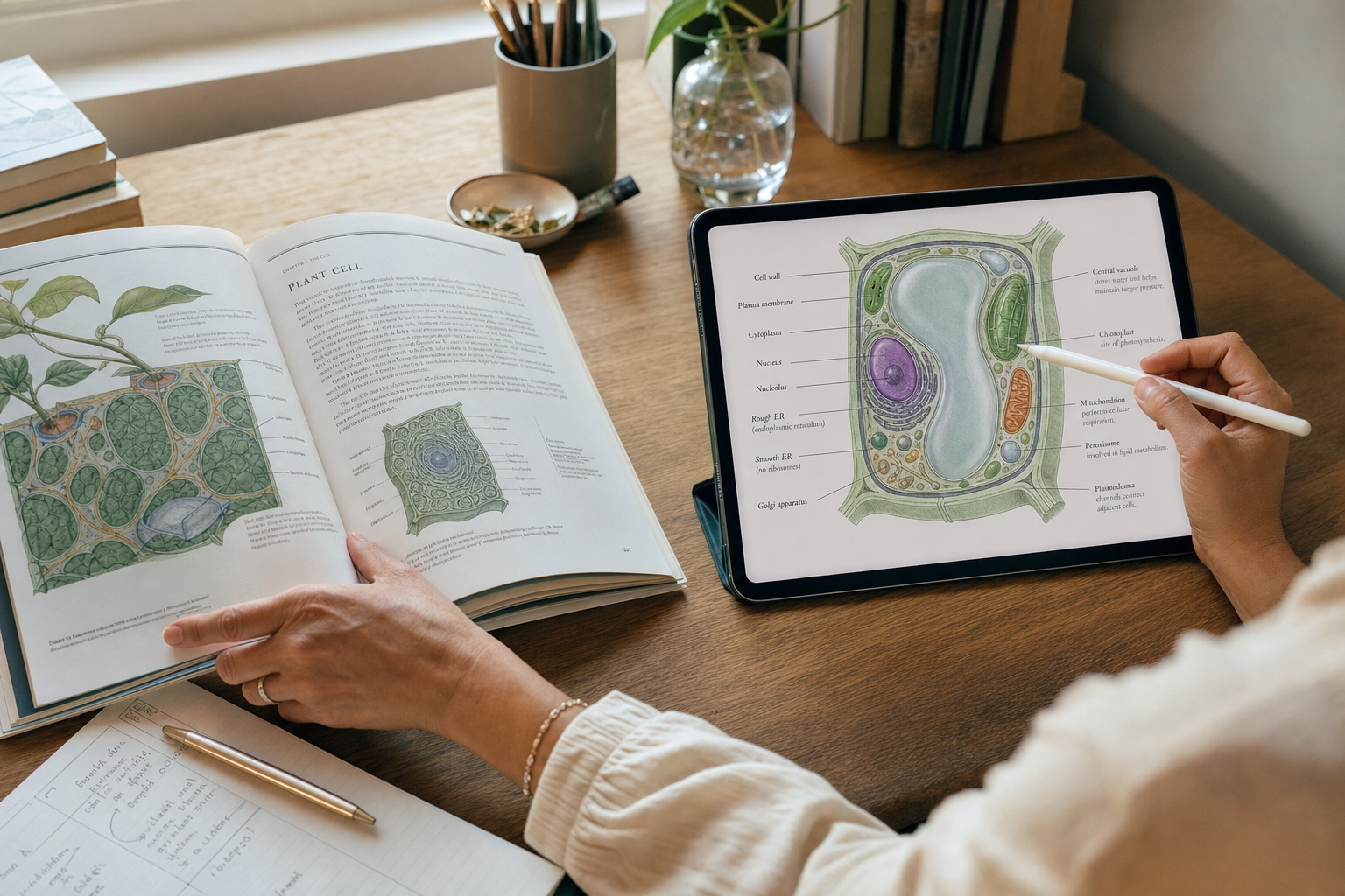 An editor reviewing a botany textbook alongside an illustrated plant cell on a tablet
