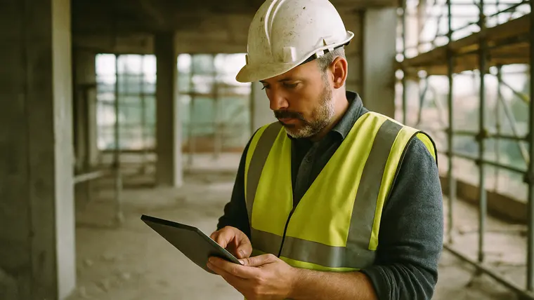 A site manager checking a tablet on a building site