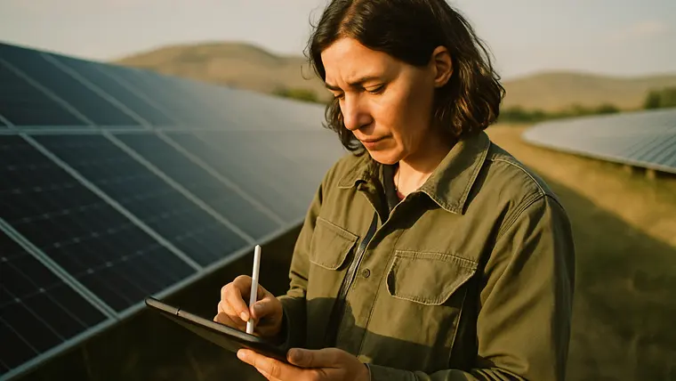 An environmental engineer taking notes beside a solar array