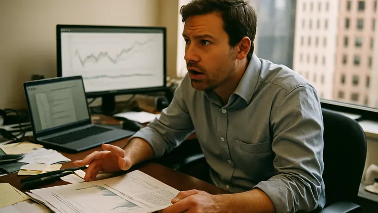An analyst at a desk with a printed report and a laptop