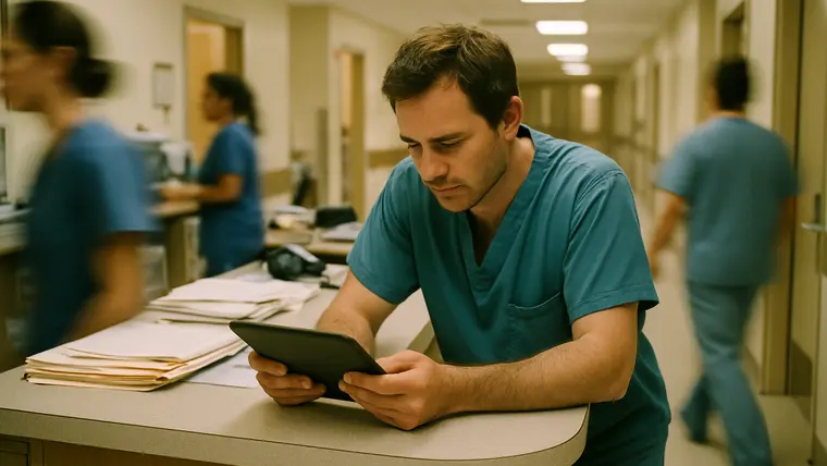 A clinician reading a tablet at a nurses’ station