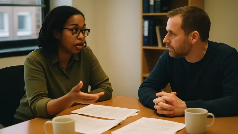Two colleagues talking over printed policy pages in a meeting room