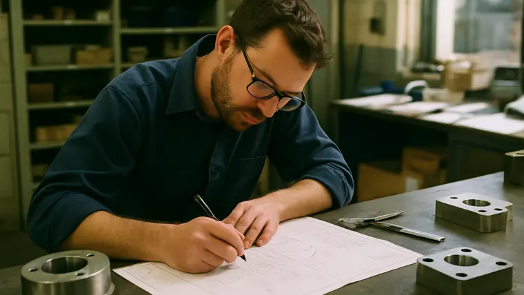 An engineer marking up a technical drawing on a workshop bench