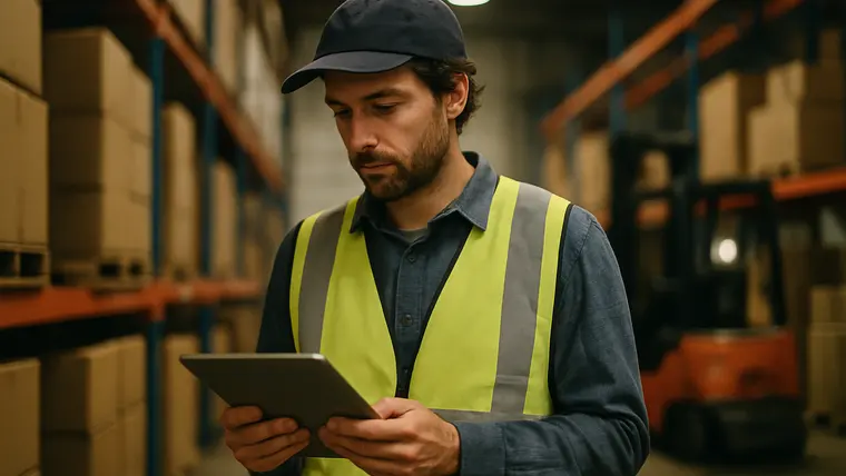 A logistics coordinator with a tablet walking a warehouse aisle