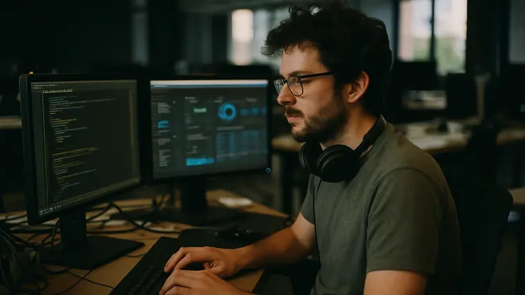 A security engineer at a desk with two monitors of code and dashboards