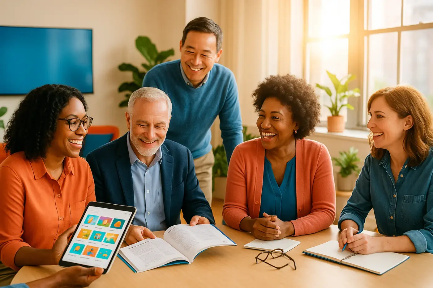 An association team reviewing a printed handbook and a digital library on a tablet in a sunlit meeting room