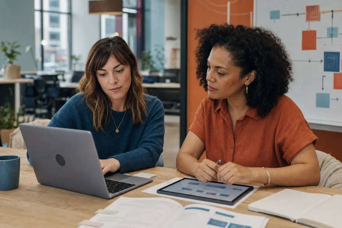 Training professionals reviewing digital course materials together