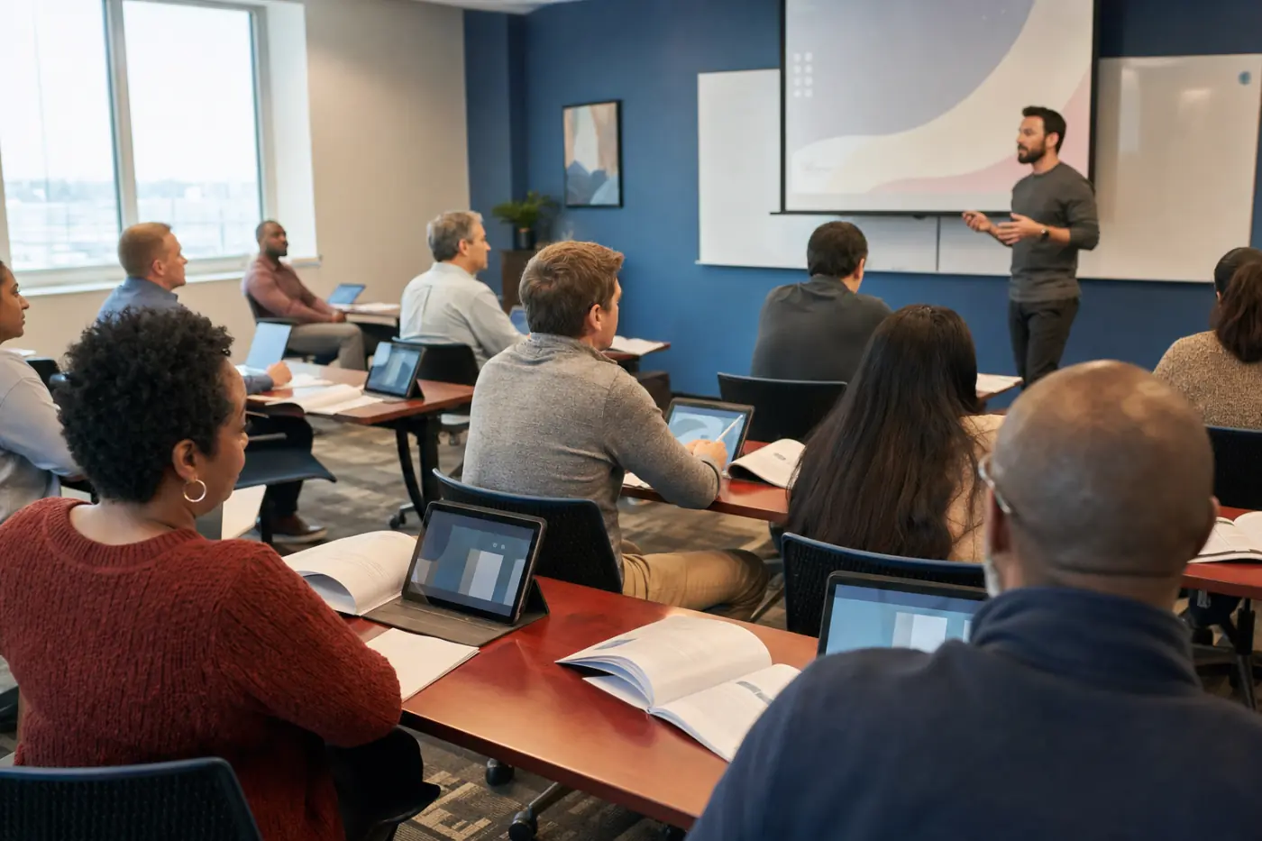 An instructor leading a classroom of adult learners working from tablets and printed course books